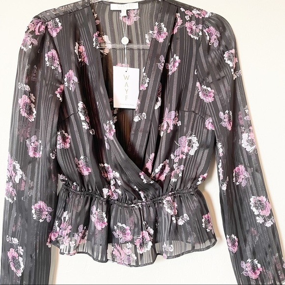 WAYF Women's Virginia Floral Peplum Blouse Sheer Metallic Black Pink XS NWT - Picture 3 of 6